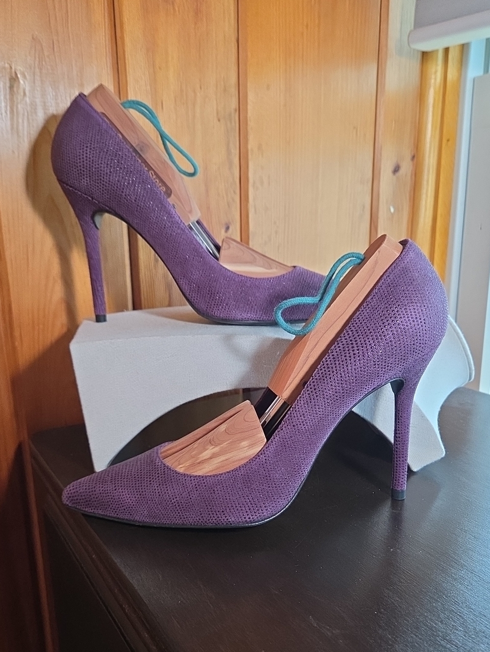 Stuart Weitzman Dimpled Purple Suede Leather Heels